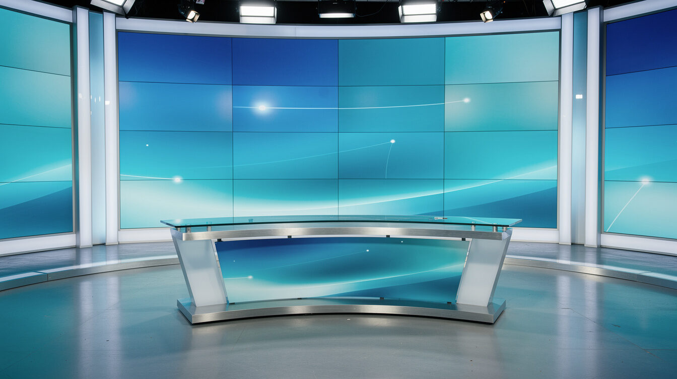 Empty news anchor desk in a TV studio