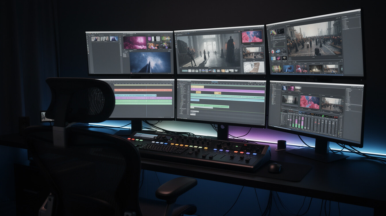 Video editing bay with multiple screens