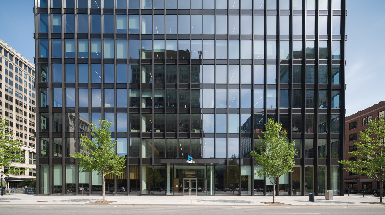 Modern media company office building exterior