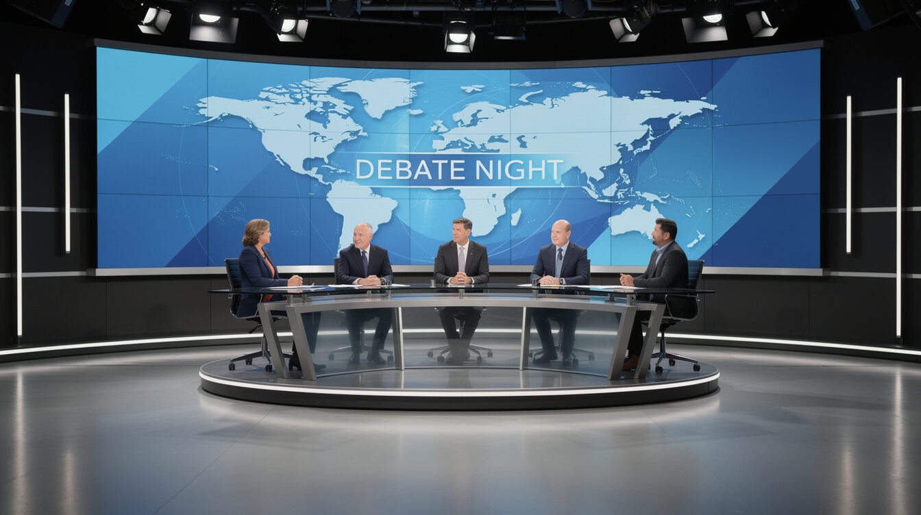 Panel debate on a television set