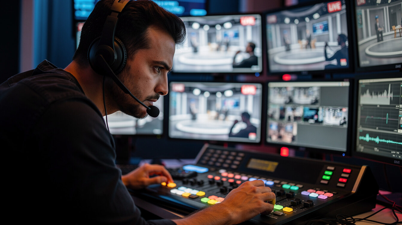 Technician monitoring live broadcast feed