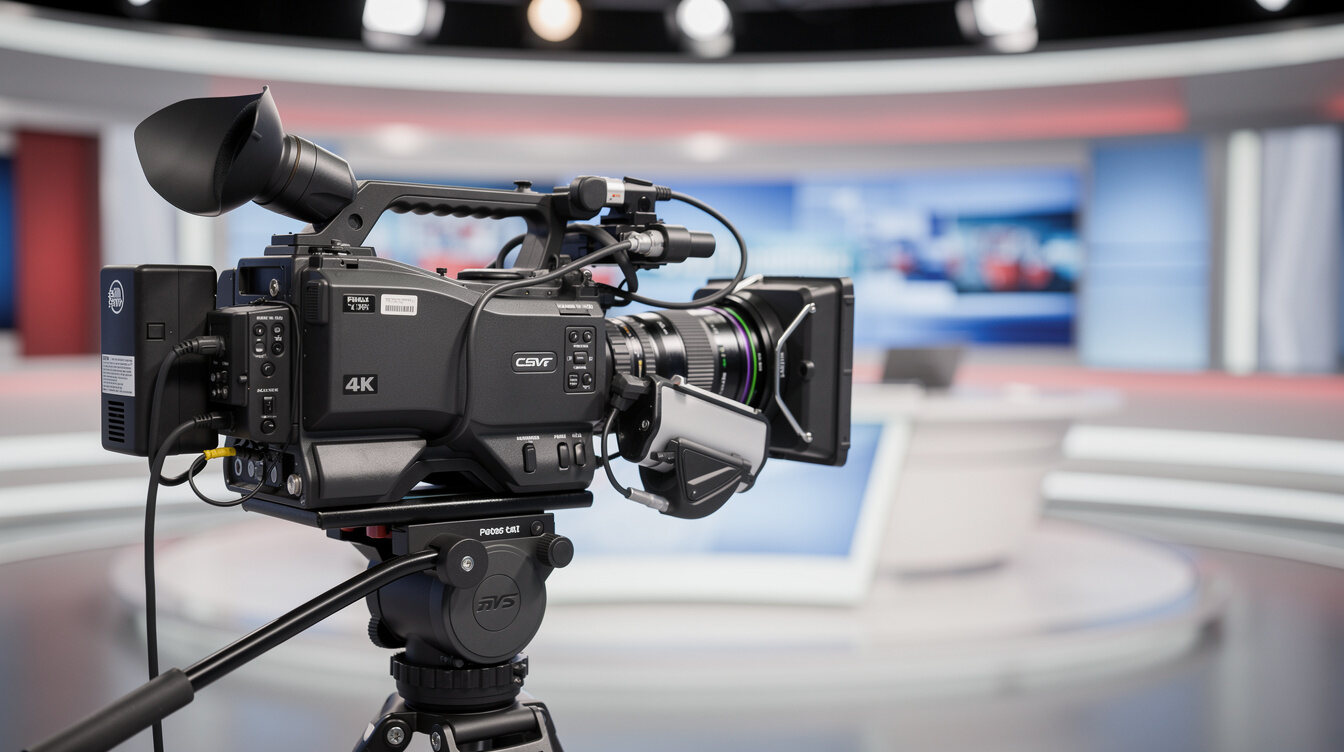 Television camera pointed at a news set