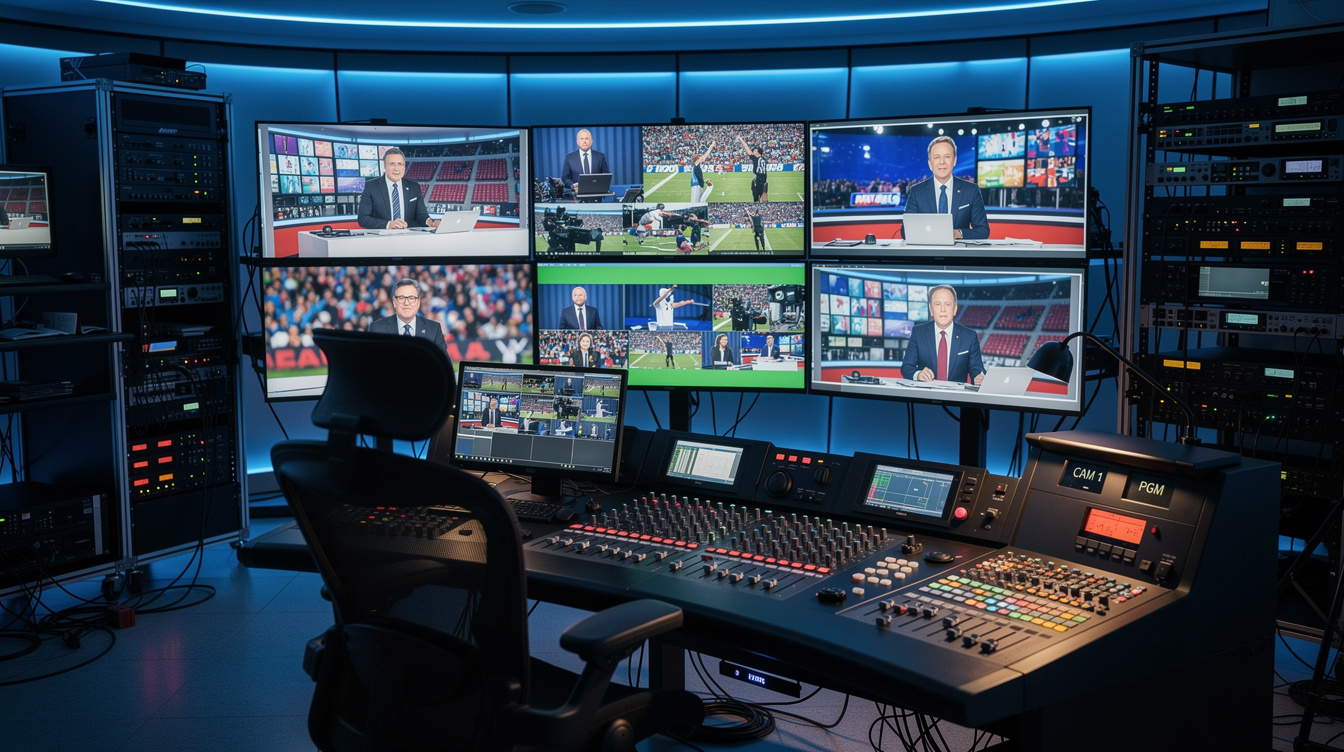 Broadcast control room wall of monitors