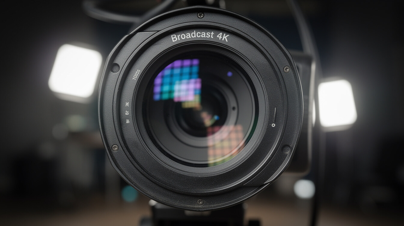 Close-up of a broadcast camera lens