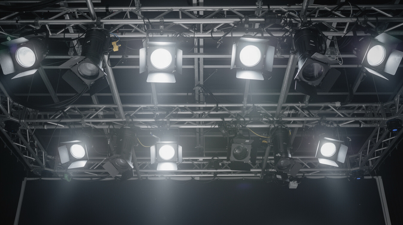 Studio lighting rig above a TV set