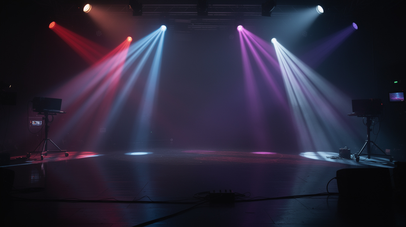 Dramatic stage lighting in a dark studio