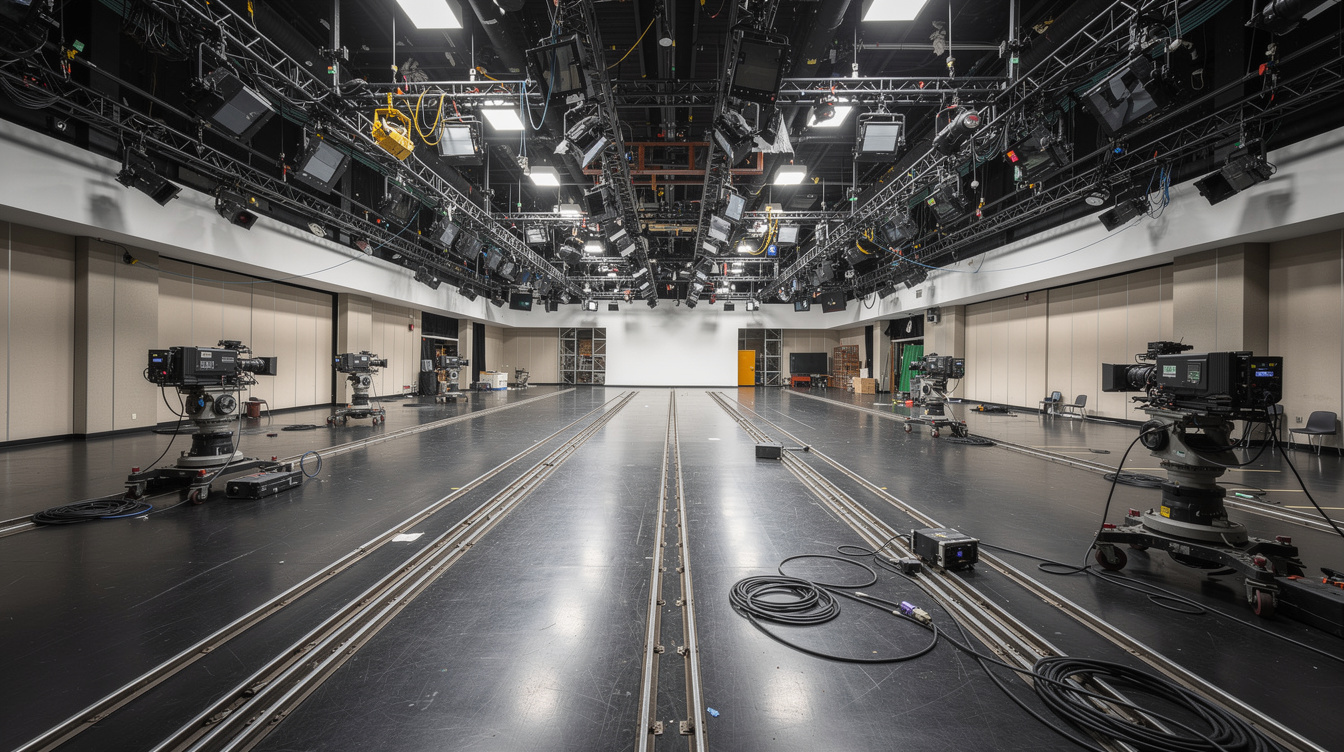 Wide panorama of a television studio floor