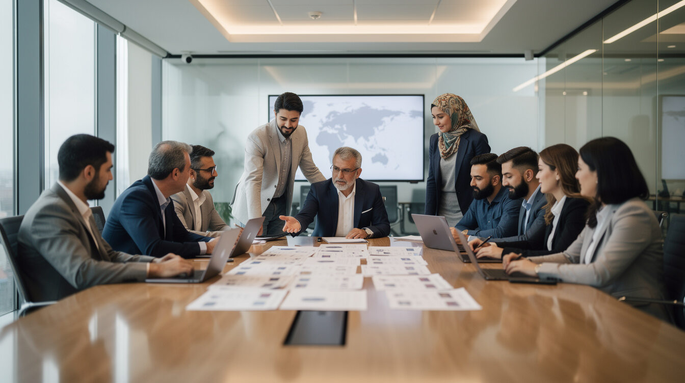 Newsroom team meeting around a table