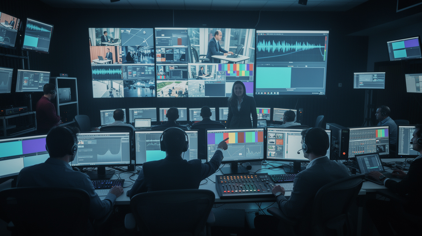 Television broadcast control room during live transmission